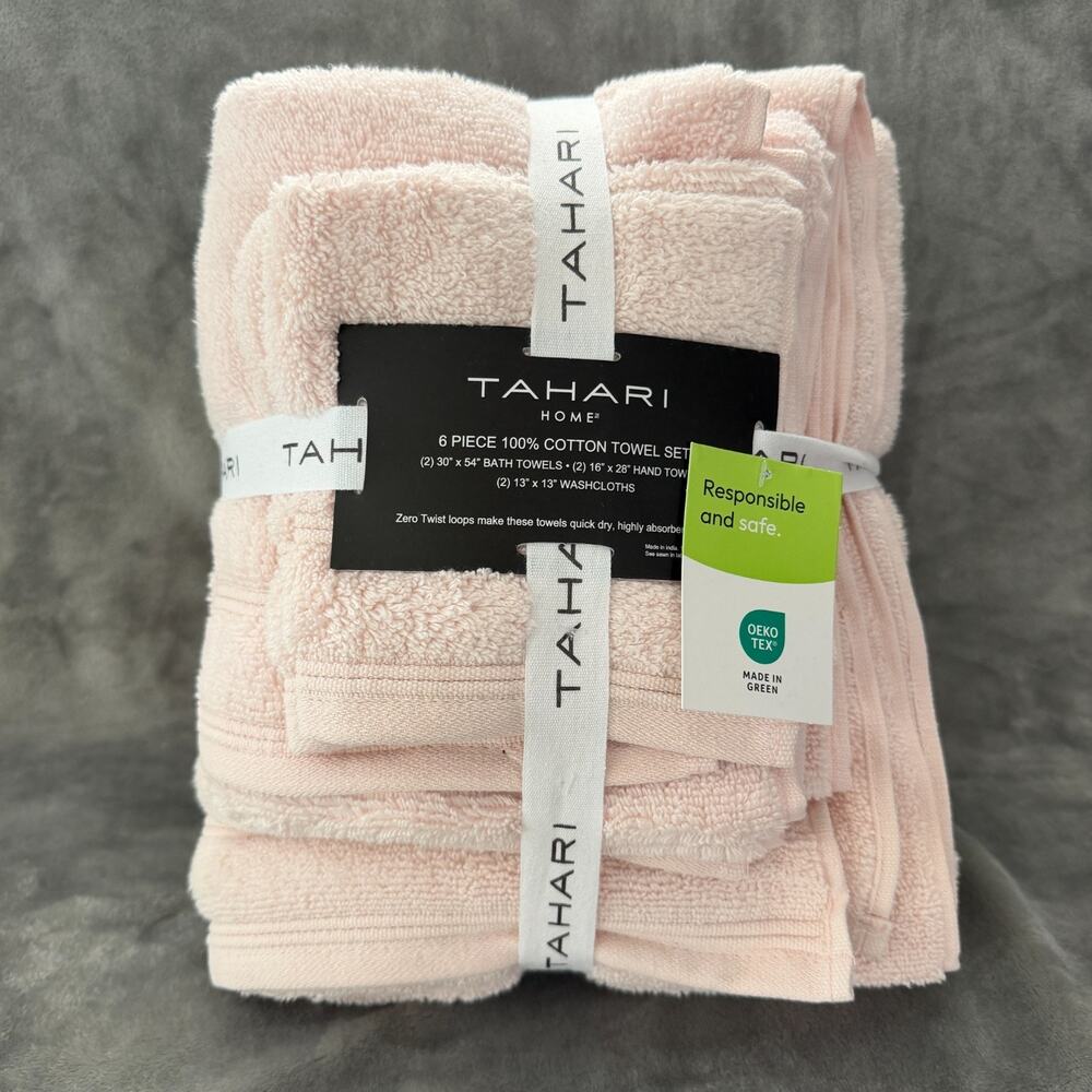 Tahari Home 6 Piece Towel Set 100% Cotton Bath Hand Washcloths Light Pink NWT